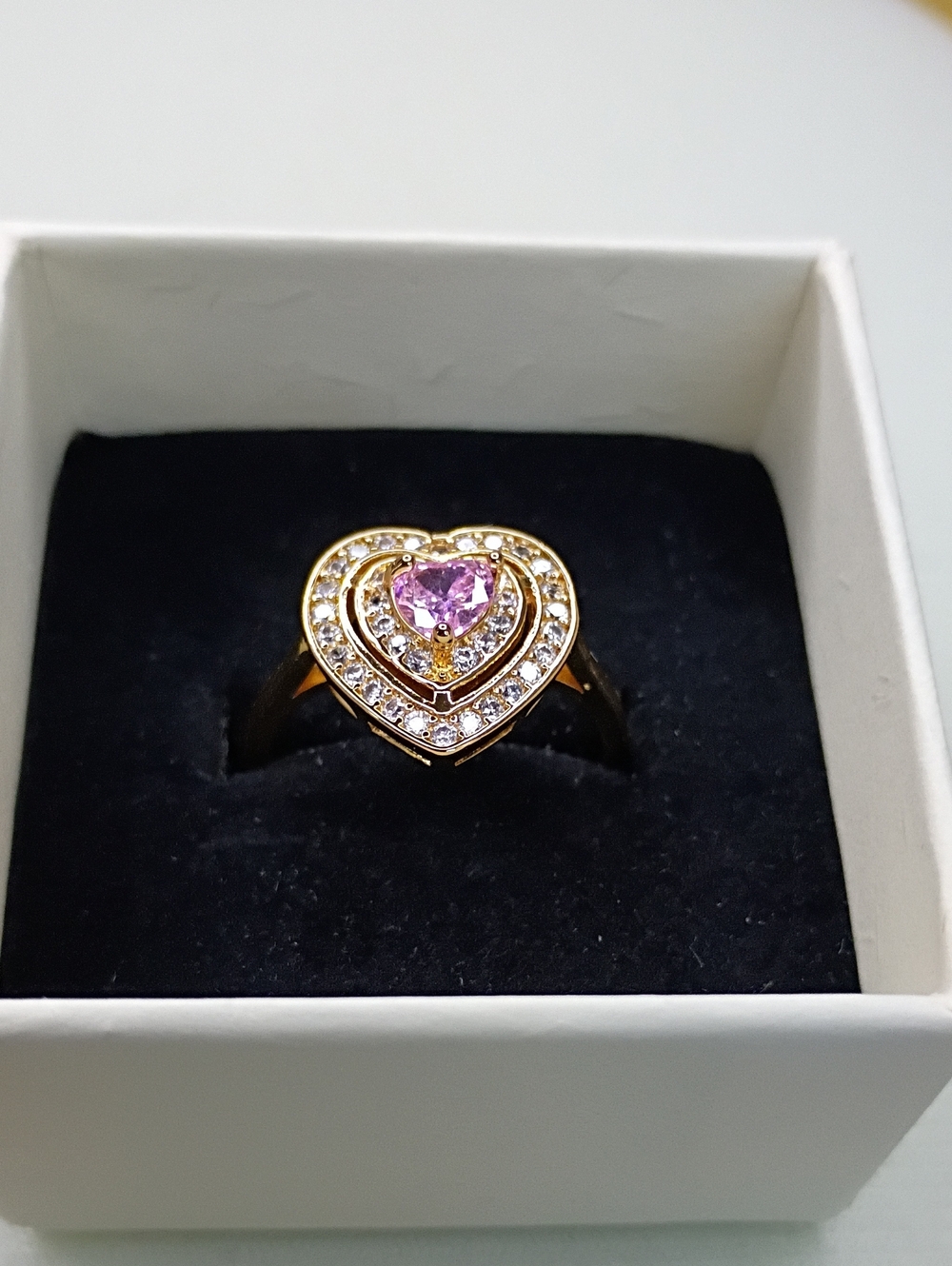 New Gold Tone Heart Ring with Pink Centerstone and Clear Pavé Accents Size 8.5